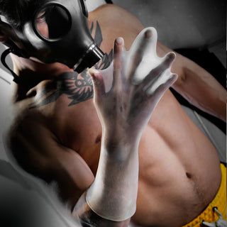 FFister XL Peek-A-Boo Clear fisting glove lifestyle shot with gas mask