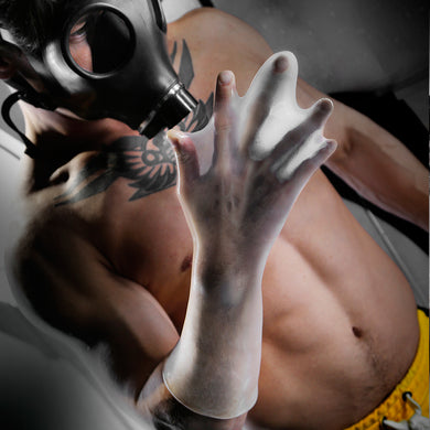 FFister XL Peek-A-Boo Clear fisting glove lifestyle shot with gas mask