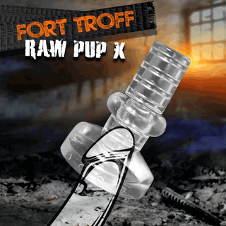 Clear Raw Pup X open-ended penis sleeve with its knot base, animated, Fort Troff