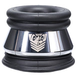 Full Metal Jacket weighted magnetic ball stretcher, black silicone with polished steel band, front view