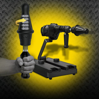 Gunner System 3-in-1 fucking machine on its ballast base with the handheld rotating attachment in hand