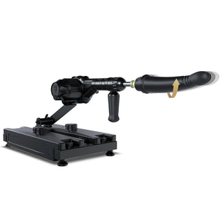 Gunner System fuck machine extended on the arm with thrusting dildo, showing rotation arrow