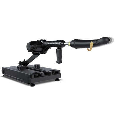Gunner System fuck machine extended on the arm with thrusting dildo, showing rotation arrow