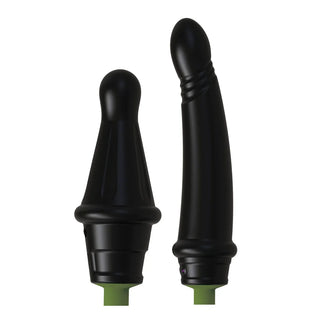 Gunner System two dildo attachments, wide plug and slim dong, on olive collars