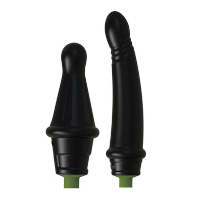 Gunner System two dildo attachments, wide plug and slim dong, on olive collars