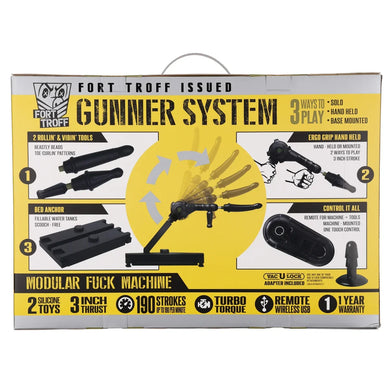 Gunner System retail box back with solo, handheld and base-mounted play diagrams and specs