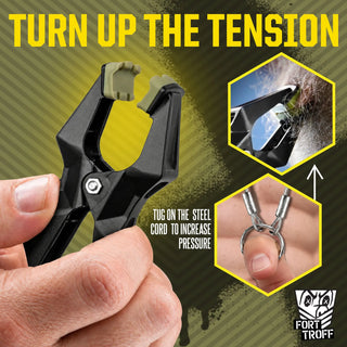 Hardwire Hangers Turn Up The Tension graphic, clamp opened in hand with insets of the steel cord and center ring