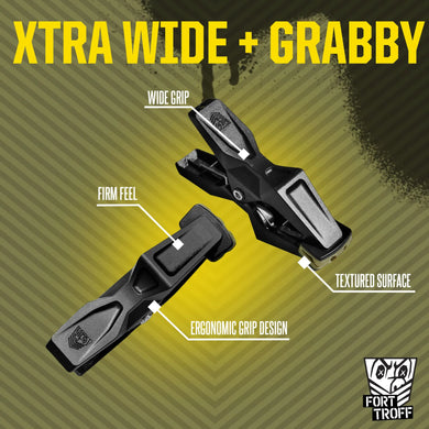Hardwire Hangers Xtra Wide + Grabby callout of the wide grip, textured surface and ergonomic handles