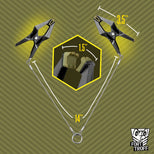 Hardwire Hangers dimension graphic, pair of clamps joined by the 14 inch steel cord and center ring