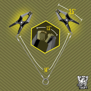 Hardwire Hangers dimension graphic, pair of clamps joined by the 14 inch steel cord and center ring