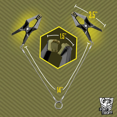 Hardwire Hangers dimension graphic, pair of clamps joined by the 14 inch steel cord and center ring