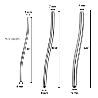 Stainless steel Hegar urethral sounds size comparison chart showing multiple diameters and lengths for graduated insertion