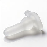 Inception Multi-Functional Sex Sleeve displayed on its side, featuring a frosted translucent design with an integrated stretch ring and smooth insertable shaft