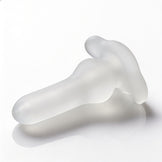 Inception Multi-Functional Sex Sleeve displayed on its side, featuring a frosted translucent design with an integrated stretch ring and smooth insertable shaft
