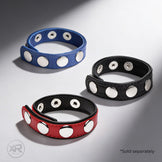 Leather Speed Snap Cock Rings in red, blue, and black with metal snap closures, adjustable cock rings for customizable fit, premium BDSM gear 