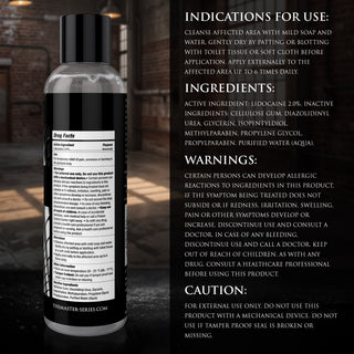 Bottle of a skincare product with its label on a dark background
