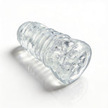 Angled view of the Palm-Tec LX20 Intense Stroker highlighting the transparent material, ribbed outer texture, and ergonomic handheld shape