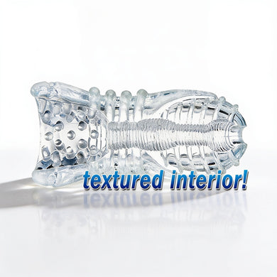 Cutaway display of the Palm-Tec LX20 Intense Stroker revealing the detailed internal texture pattern, ribbed canal, and stimulation chamber design