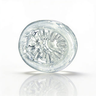 Front view of the Palm-Tec LX20 Intense Stroker showing the textured entrance and internal stimulation nodes within the clear sleeve