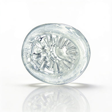 Front view of the Palm-Tec LX20 Intense Stroker showing the textured entrance and internal stimulation nodes within the clear sleeve