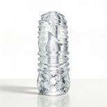 Palm-Tec LX20 Intense Stroker standing upright with a clear flexible sleeve, raised exterior rings, and textured stimulation chamber