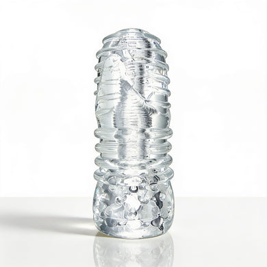 Palm-Tec LX20 Intense Stroker standing upright with a clear flexible sleeve, raised exterior rings, and textured stimulation chamber