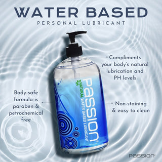 Passion Natural Water Based Lubricant 16oz bottle displayed with product benefits highlighting body-safe formula, pH balance support, and easy cleanup