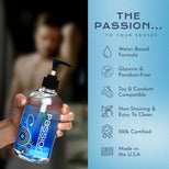 Hand holding Passion Natural Water Based Lubricant 16oz bottle alongside key features including water-based formula, toy compatibility, and non-staining cleanup
