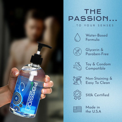 Hand holding Passion Natural Water Based Lubricant 16oz bottle alongside key features including water-based formula, toy compatibility, and non-staining cleanup