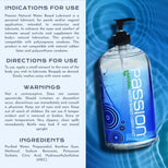 Passion Natural Water Based Lubricant 16oz product information panel featuring usage instructions, warnings, and ingredient details beside the bottle display