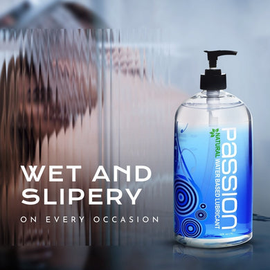Passion Natural Water Based Lubricant 16oz bottle with wet and slippery performance messaging emphasizing smooth long-lasting glide