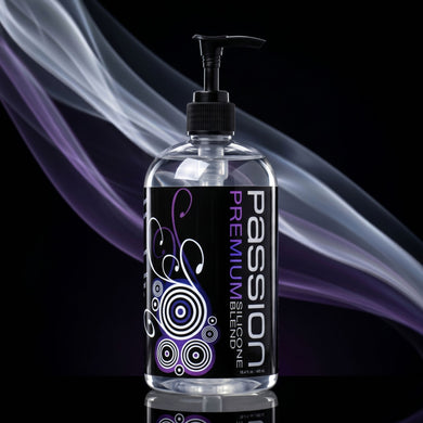 Passion Premium Silicone-Based Lubricant in a large pump bottle featuring a silicone-based formula designed for long-lasting glide and reduced friction