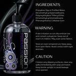 Passion Premium Silicone-Based Lubricant bottle displayed beside ingredient list, usage warnings, and product safety information panel