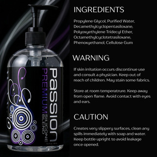 Passion Premium Silicone-Based Lubricant bottle displayed beside ingredient list, usage warnings, and product safety information panel