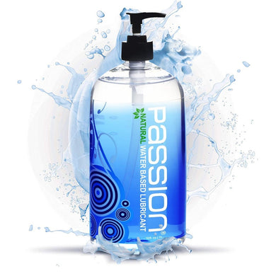 A pump bottle of Passion Natural Water Based Lube with a blue label, splashes of water around it, and the word 'passion' prominently displayed.