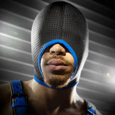 Perforated bondage hood in blue, breathable full-head design