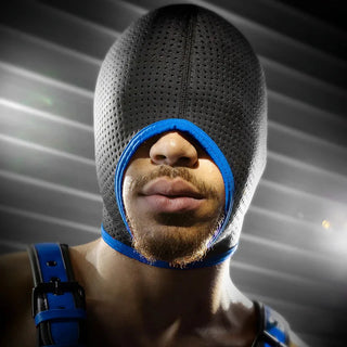 Perforated bondage hood in blue, breathable full-head design