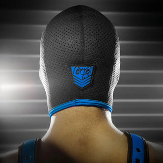 Perforated bondage hood rear view with closure detail