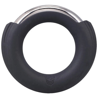 Pinch Zero cock ring front view with the chrome insert seated in the silicone case