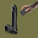 Piston Thruster thrusting dildo with wireless remote control held in hand