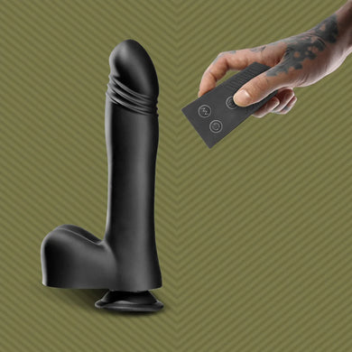Piston Thruster thrusting dildo with wireless remote control held in hand