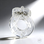 Platinum Orgasmic Vibrating Cock Ring in clear material featuring integrated vibrating bullet and textured design for added stimulation and comfort