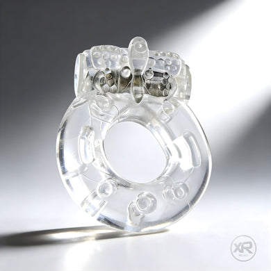 Platinum Orgasmic Vibrating Cock Ring in clear material featuring integrated vibrating bullet and textured design for added stimulation and comfort