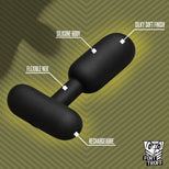 Powershift 300 Vibrating Prostate Massager with callouts for the silicone body, flexible neck and charging port