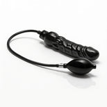 Black inflatable dildo with textured shaft, rounded tip, flexible inflation tube, and hand pump shown in its deflated state