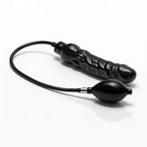 Black inflatable dildo with textured shaft, rounded tip, flexible inflation tube, and hand pump shown in its deflated state