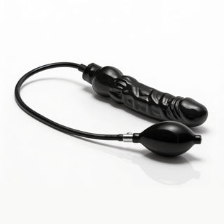 Black inflatable dildo with textured shaft, rounded tip, flexible inflation tube, and hand pump shown in its deflated state