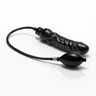 Black inflatable dildo with textured shaft, rounded tip, flexible inflation tube, and hand pump shown in its deflated state