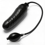Inflated black dildo featuring an expanding shaft, rounded tip, flexible air tube, and squeeze pump for customizable girth adjustment