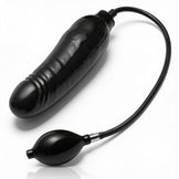 Inflated black dildo featuring an expanding shaft, rounded tip, flexible air tube, and squeeze pump for customizable girth adjustment